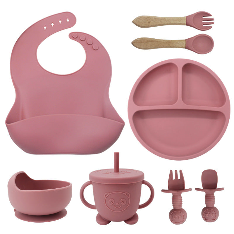 Set de Vaisselle en Silicone pour Bébé – 8 Pièces avec Bavoirs, Assiettes, Bols et Cuillères avec Ventouse - LylyShop