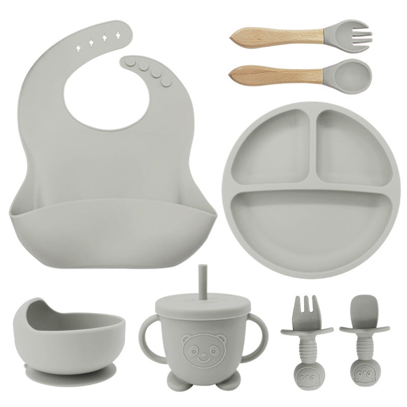 Set de Vaisselle en Silicone pour Bébé – 8 Pièces avec Bavoirs, Assiettes, Bols et Cuillères avec Ventouse - LylyShop