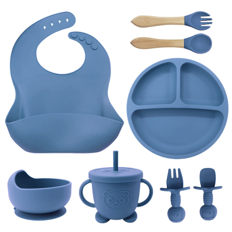 Set de Vaisselle en Silicone pour Bébé – 8 Pièces avec Bavoirs, Assiettes, Bols et Cuillères avec Ventouse - LylyShop
