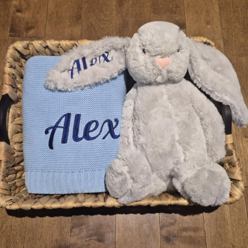 Coffret Duo Personnalisé – Lapin en Peluche & couverture brodés au prénom de bébé
