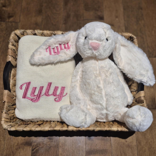 Coffret Duo Personnalisé – Lapin en Peluche & couverture brodés au prénom de bébé