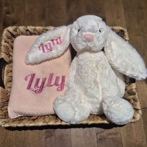 Coffret Duo Personnalisé – Lapin en Peluche & couverture brodés au prénom de bébé
