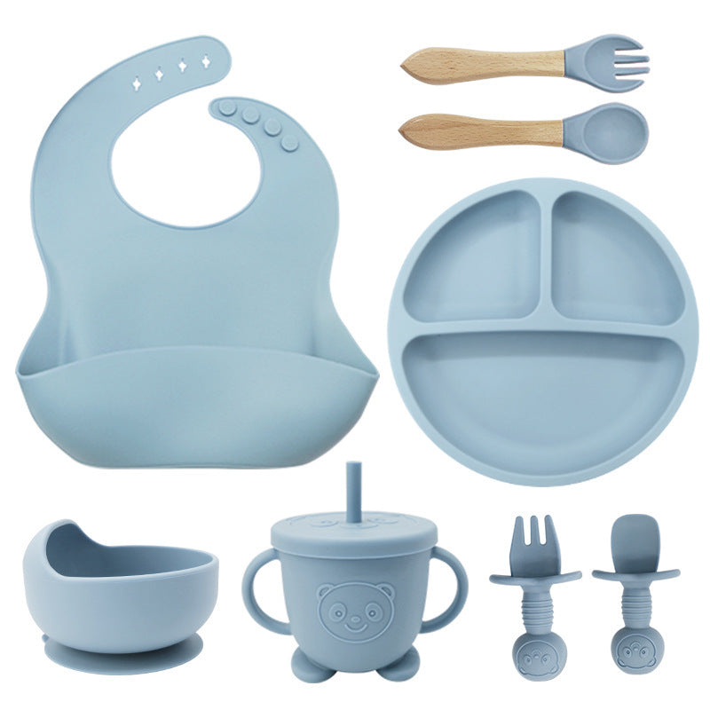 Set de Vaisselle en Silicone pour Bébé – 8 Pièces avec Bavoirs, Assiettes, Bols et Cuillères avec Ventouse - LylyShop