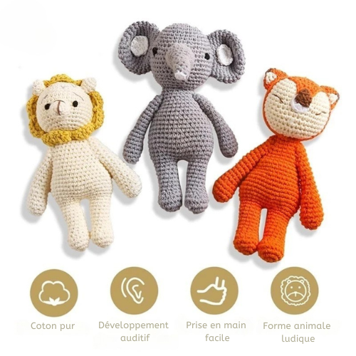 Doudou Tricoté Fait Main – Éléphant, Lion ou Renard
