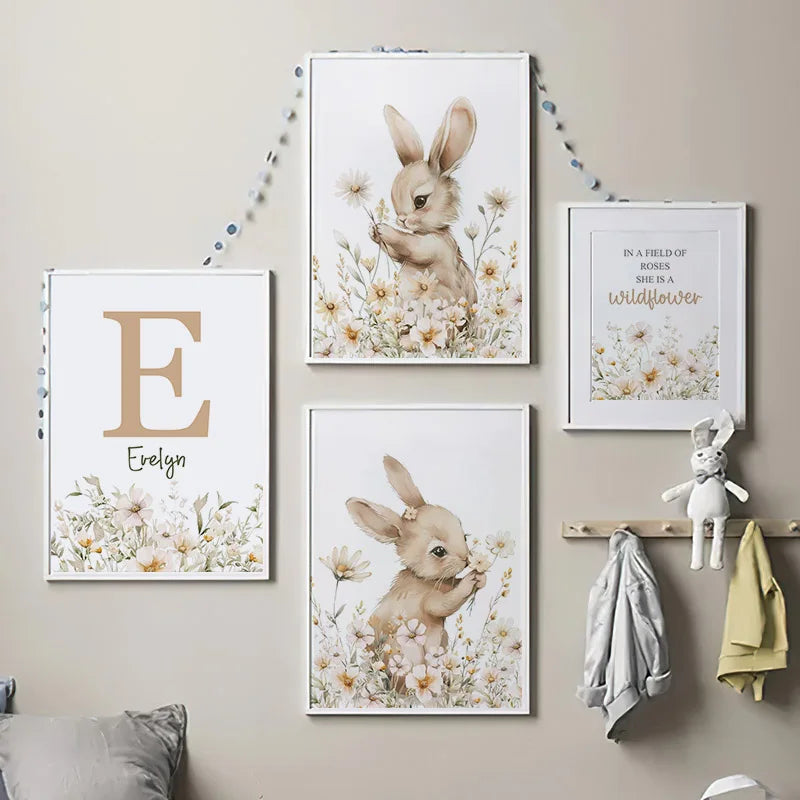 Affiche Murale Personnalisée Lapin et Fleurs