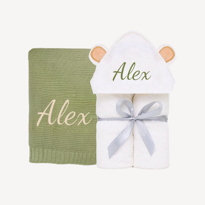 Coffret Naissance Personnalisé - Cape de bain et couverture brodées au prénom de bébé