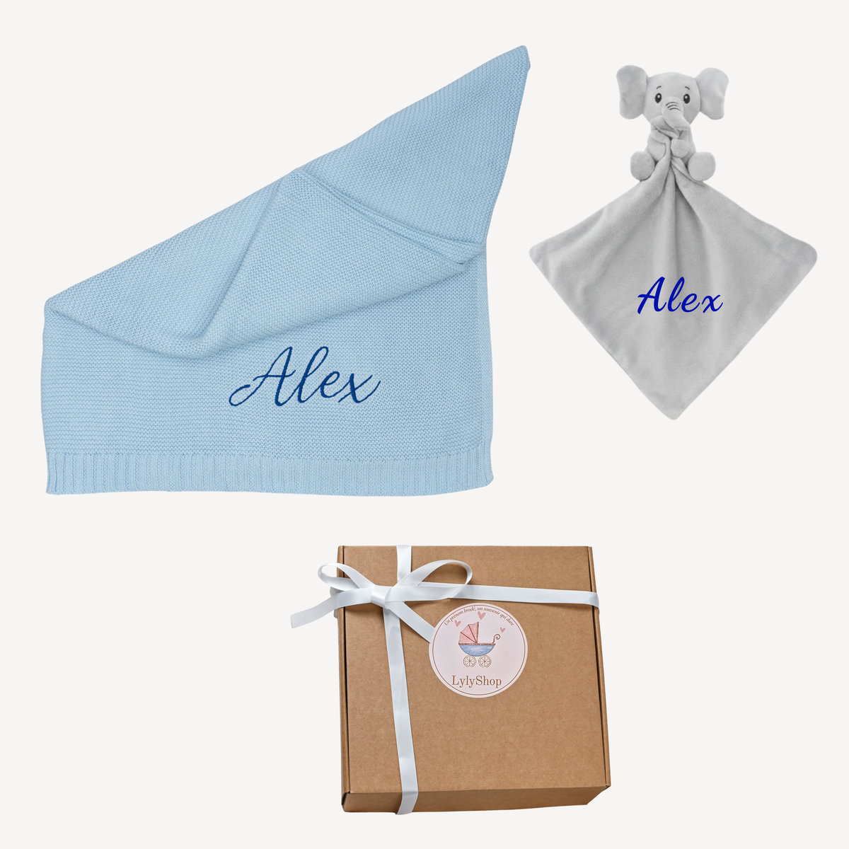 Coffret – Couverture et doudou personnalisés au prénom de bébé