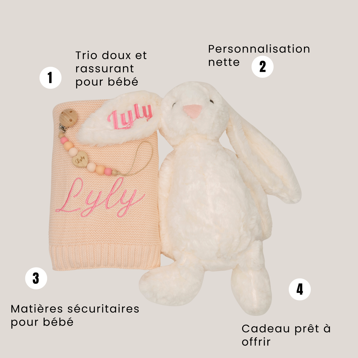 Coffret Trio Personnalisé Lapin, Couverture et Attache-tétine