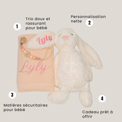 Coffret Trio Personnalisé Lapin, Couverture et Attache-tétine