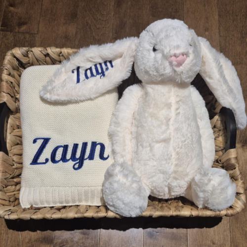Coffret Duo Personnalisé – Lapin en Peluche & couverture brodés au prénom de bébé