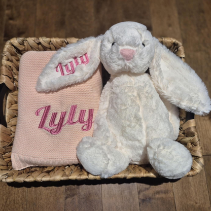 Coffret Duo Personnalisé – Lapin en Peluche & couverture brodés au prénom de bébé