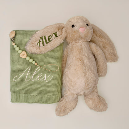 Ensemble Personnalisé Lapin, Couverture et Attache-tétine - personnalisable