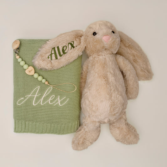 Coffret Trio Douillet Personnalisé – Lapin, Couverture et Attache-tétine brodés au prénom