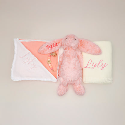 Coffret naissance personnalisé 4-en-1 : Lapin, couverture, lange et attache-tétine personnalisés