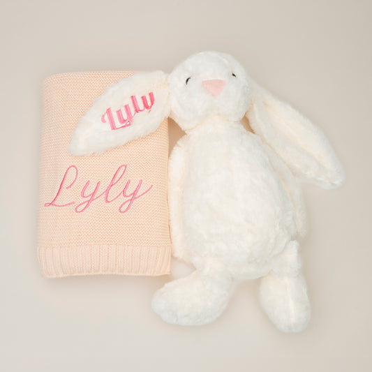 Coffret Duo Douillet – Lapin en Peluche & couverture brodés au prénom de bébé