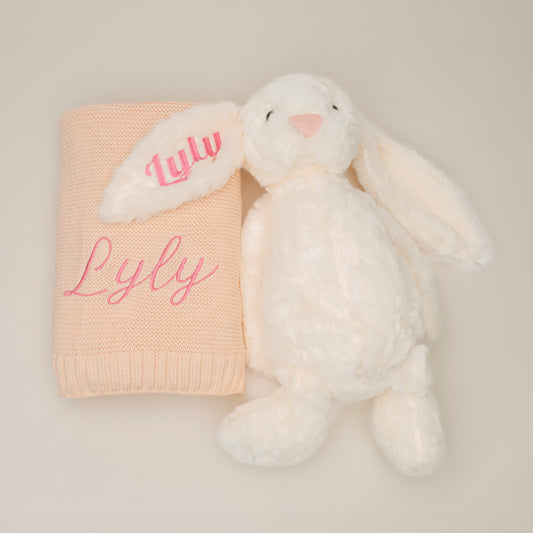 Coffret Duo Douillet Personnalisé – Lapin en Peluche & couverture brodés au prénom de bébé