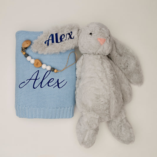 Coffret Personnalisé Lapin, Couverture et Attache-tétine - personnalisable